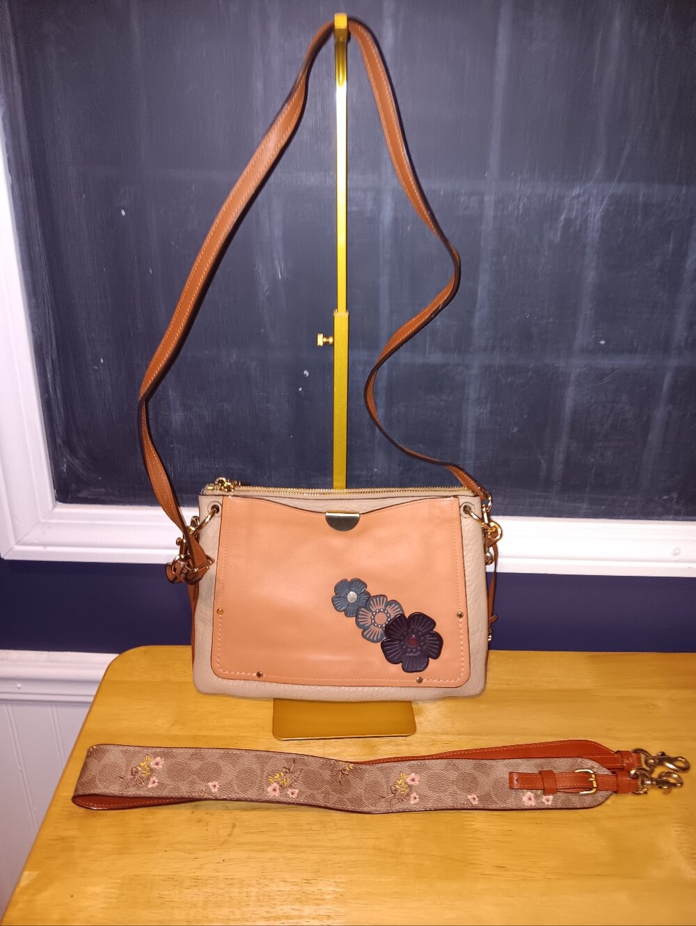 Coach Leather Flower Crossbody Bag With Floral Long Strap